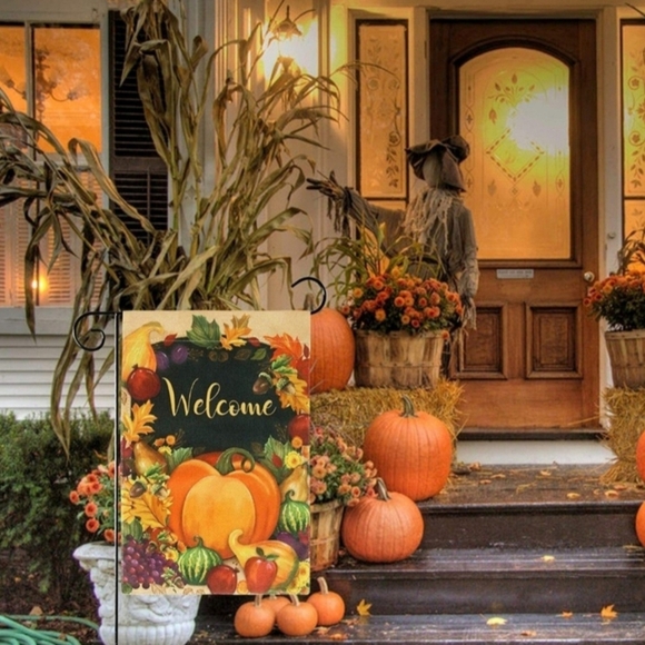 NEW Fall Welcome Garden Flag w/pumpkin and cornucopia of fruit & vegetables - Picture 4 of 10